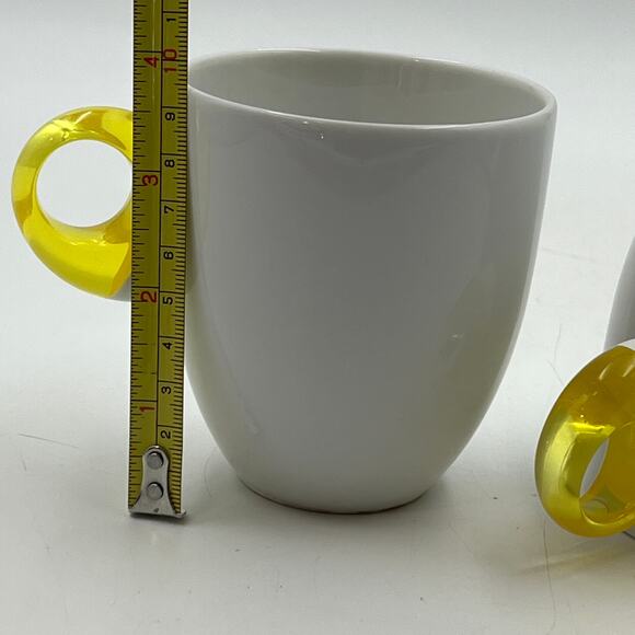 Guzzini Feeling Mugs With Yellow Plastic Handle Set of 2 Porcelain Cups - Picture 6 of 9